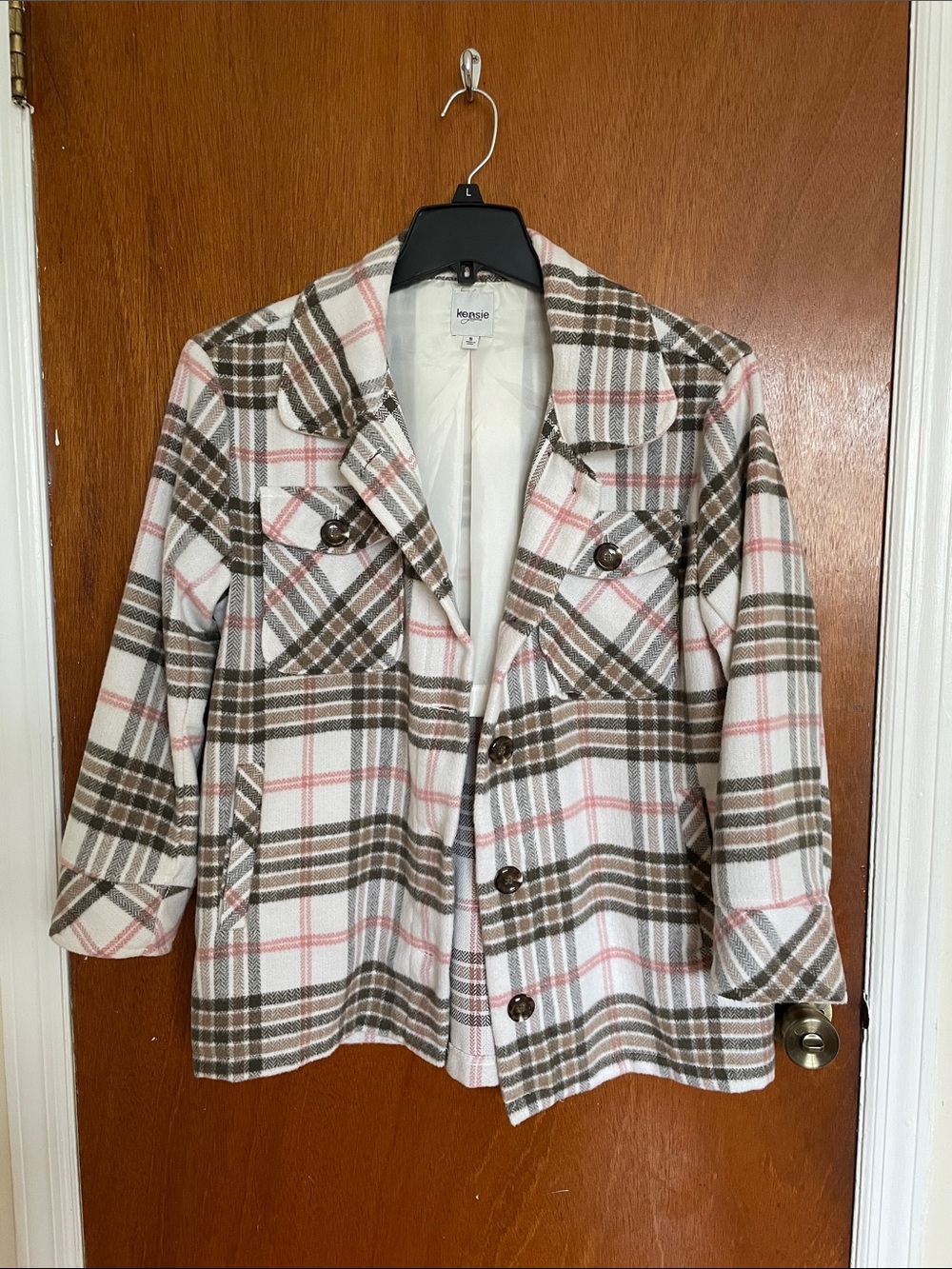 Kensie Plaid Button-Front Blazer in Cream, Brown & Soft Pink